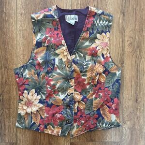 Vintage 90s Rafaella‎ Tapestry Vest Linen Cotton Floral Womens L Tropical Boho